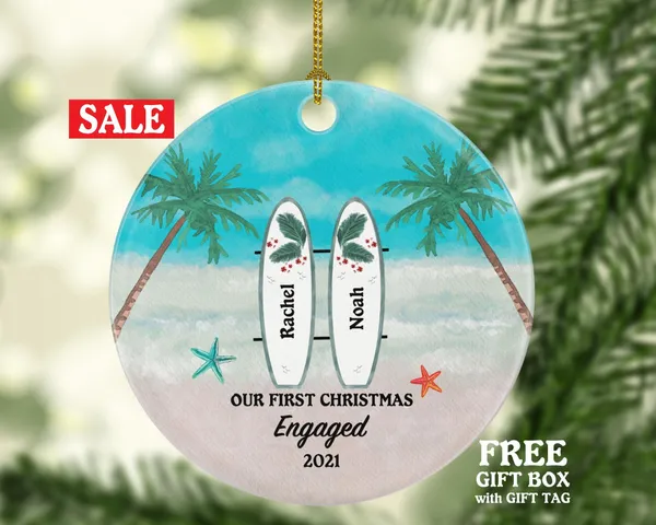 Surfboards Engaged Couple Engagement First Christmas Ornament - Personalized Newly Just Gift for Surf Board Beach Sand Palm She Said Yes