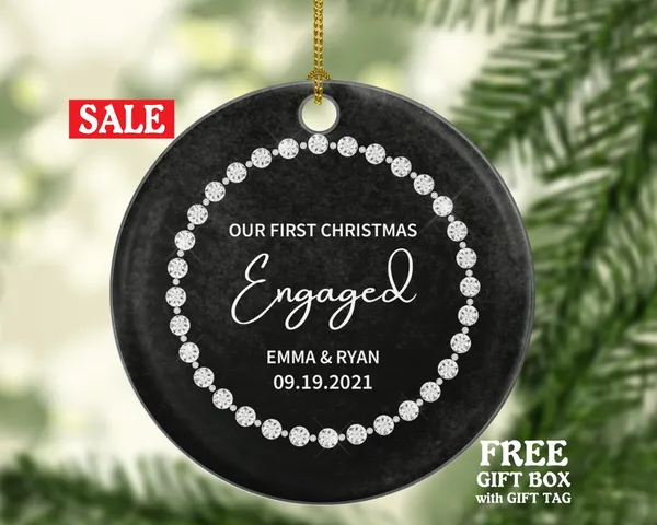 First Christmas Engaged Personalized Ornament - Engagement Announcement Couple Gift