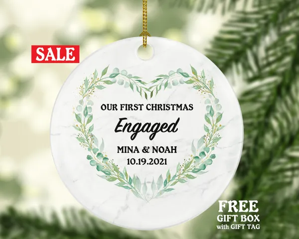 First Christmas Engaged Personalized Ornament - Engagement Announcement Couple Gift - Greenery Heart