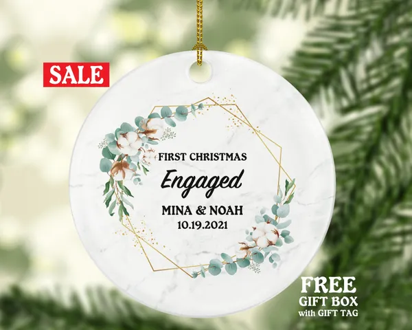 First Christmas Engaged Personalized Ornament - Engagement Announcement Couple Gift - Greenery
