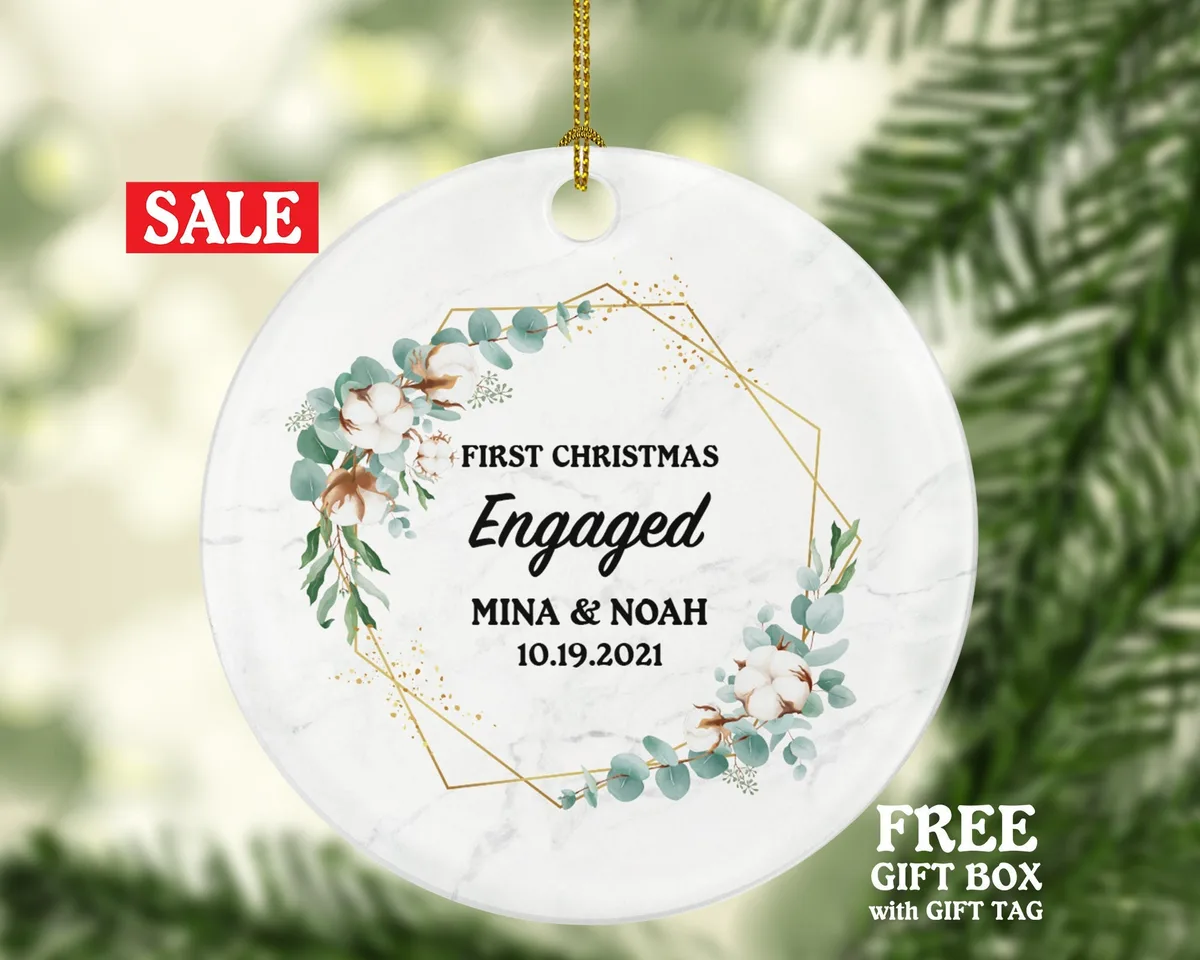First Christmas Engaged Personalized Ornament - Engagement Announcement Couple Gift - Greenery