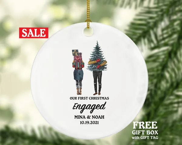 First Christmas Engaged Personalized Ornament - Engagement Announcement Christmas Couple Gift