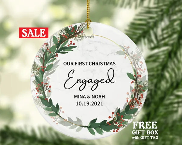 First Christmas Engaged Personalized Ornament - Engagement Announcement Couple Gift - Greenery