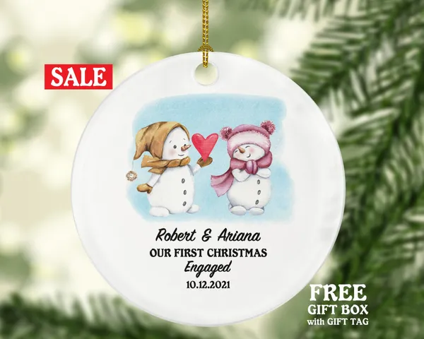 First Christmas Engaged Personalized Ornament - Engagement Announcement Couple Gift - Snowmen