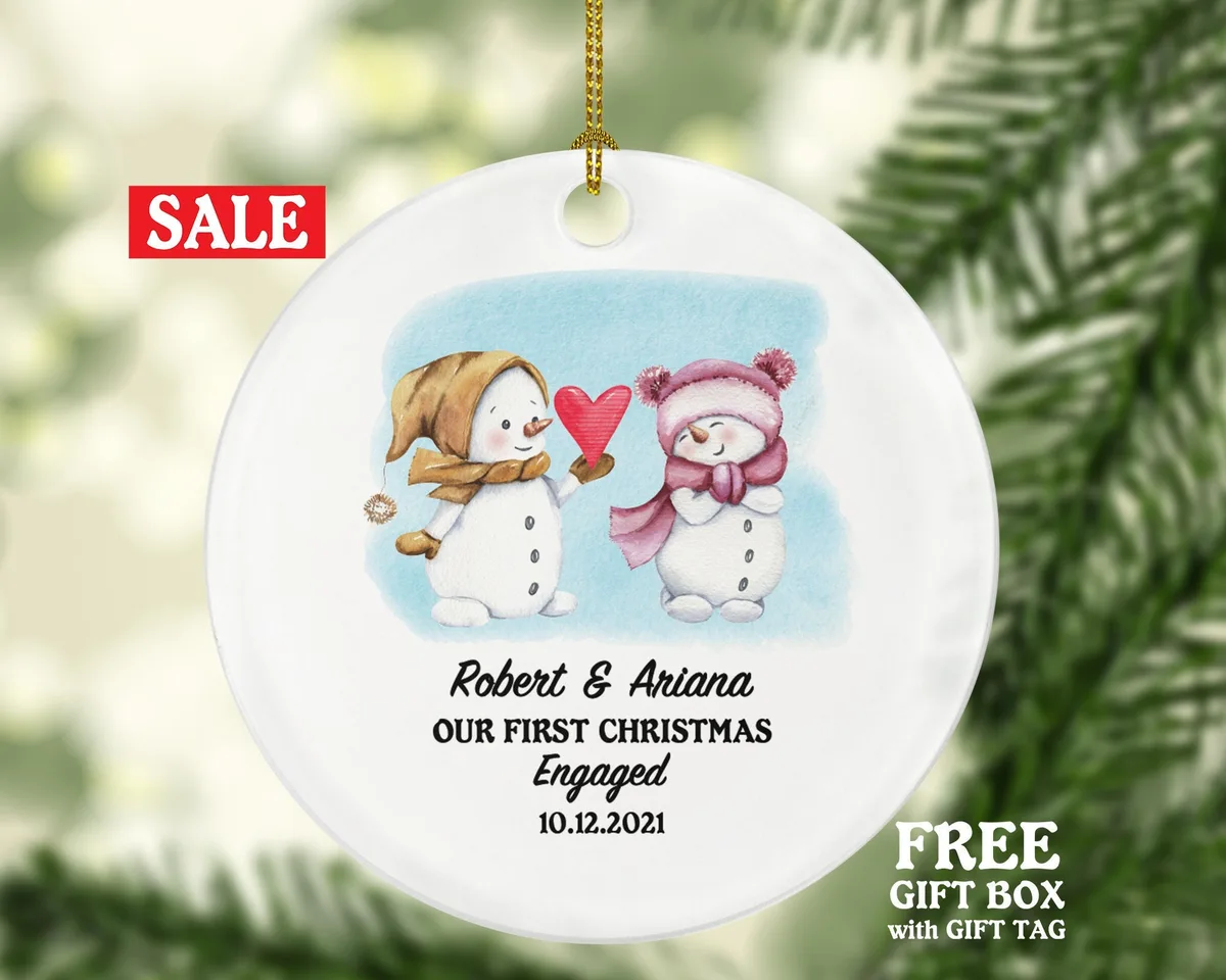 First Christmas Engaged Personalized Ornament - Engagement Announcement Couple Gift - Snowmen