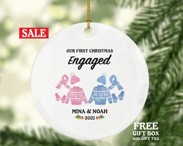 First Christmas Engaged Ornament - Personalized Engagement Announcement - Couple Winter Outfit Gift - Our First Holiday Custom Date and Name
