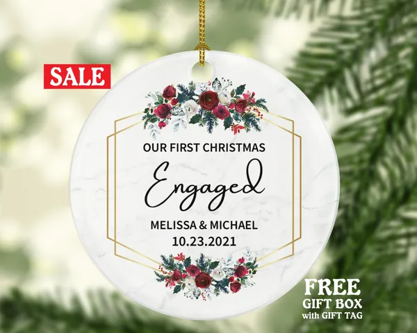 Our First Christmas Engaged Ornament - Personalized Engagement Announcement - Couple Gift - Custom Date and Name
