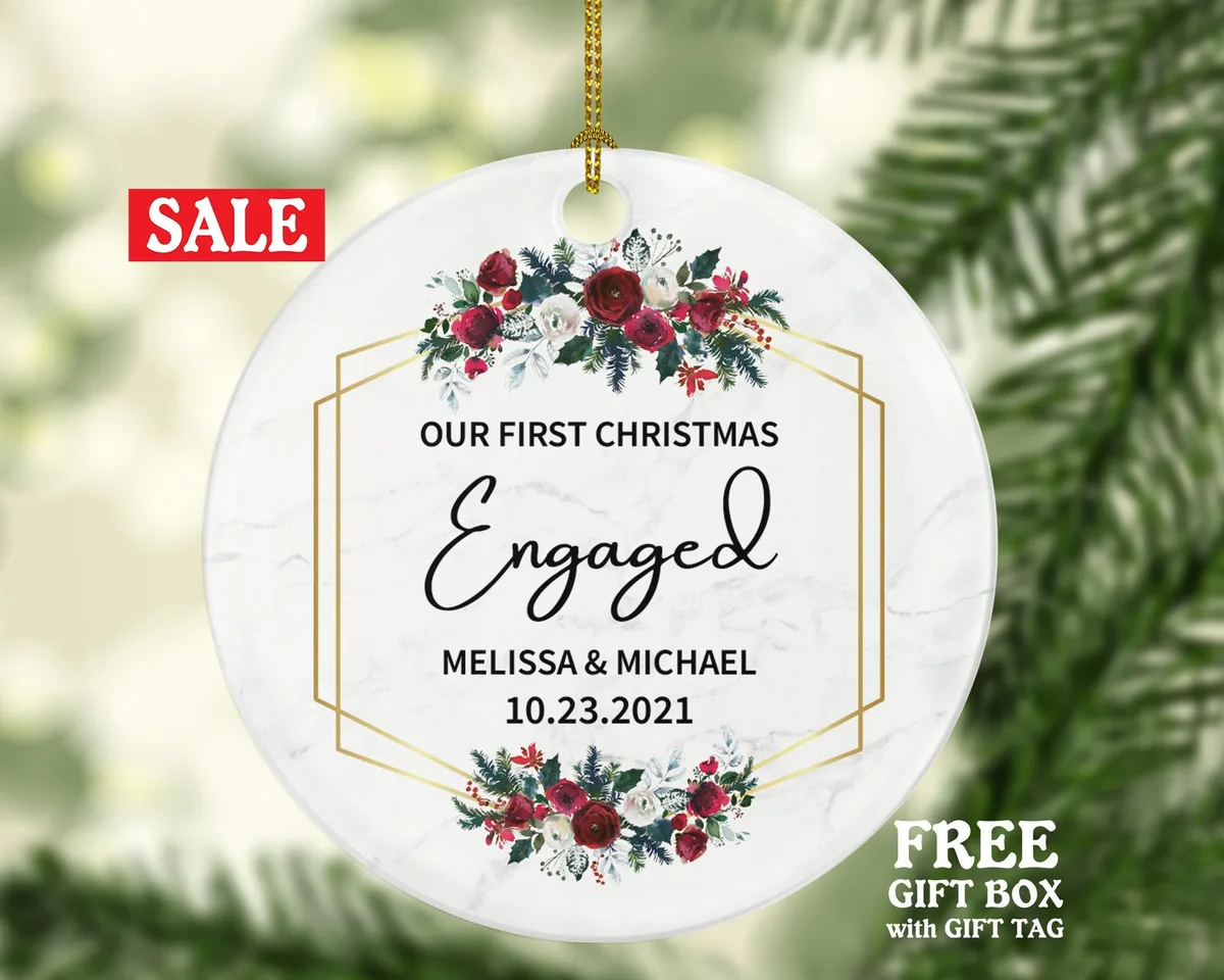Our First Christmas Engaged Ornament - Personalized Engagement Announcement - Couple Gift - Custom Date and Name