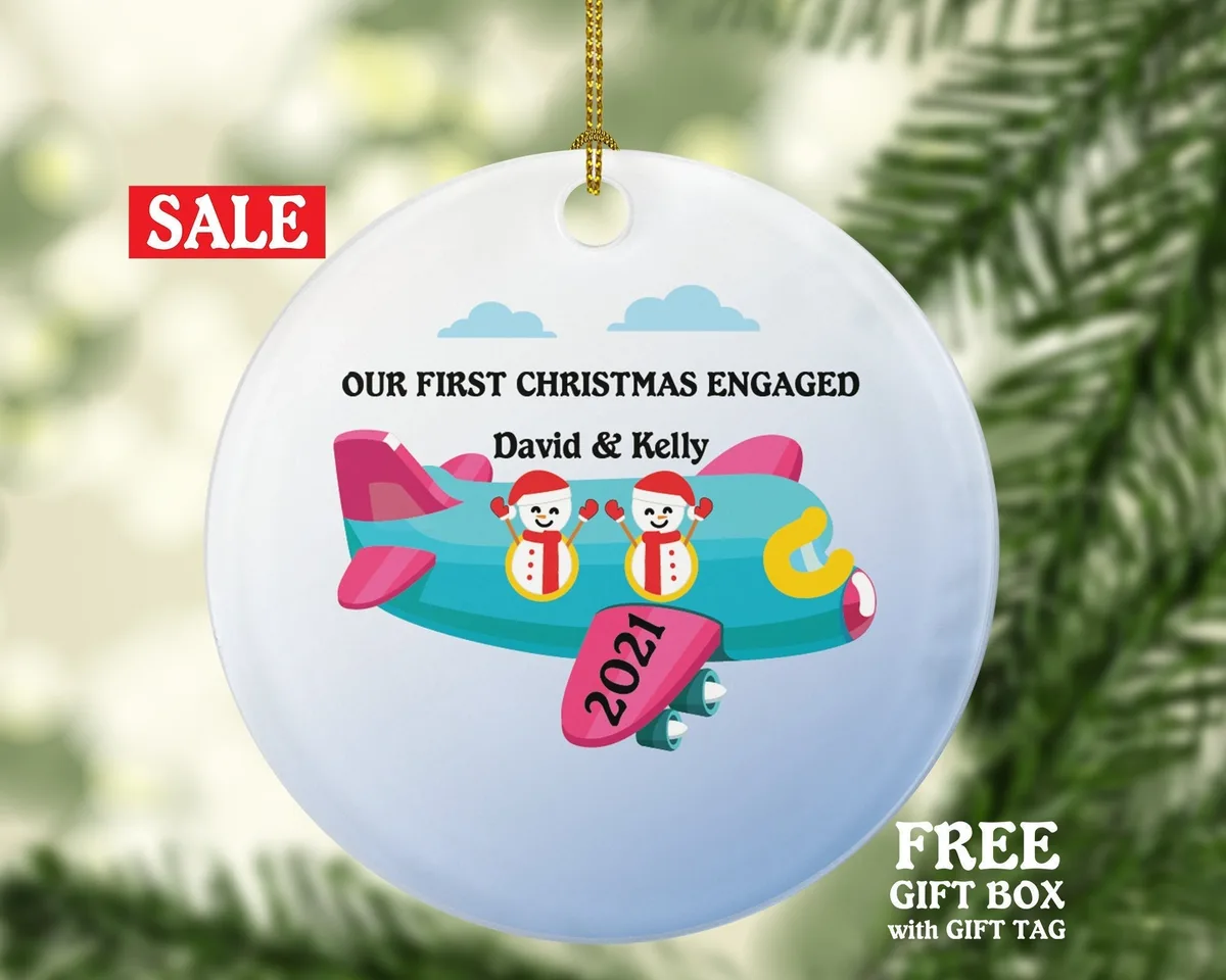 Our First Christmas Engaged Airplane Ride Vacation Personalized Christmas Ornament, Engagement Christmas Ornament, Newly Engaged Travel