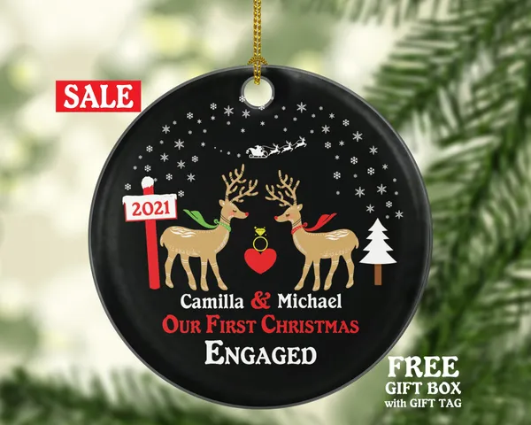 Personalized Engaged Christmas Ornament - Engagement Couple Gift Our First Future Husband Wife Newly Just She Said Yes Deer Reindeer Name