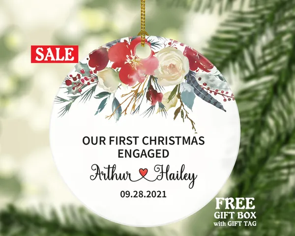 First Christmas Engaged Custom Ornament - Personalized Engagement Announcement Couple Gift - Custom Date Name - Future Husband Wife