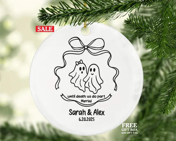 Minimalist Line Art Ghost Couple Wedding Ornament – "Until Death Us Do Part" Custom Married Keepsake Gift