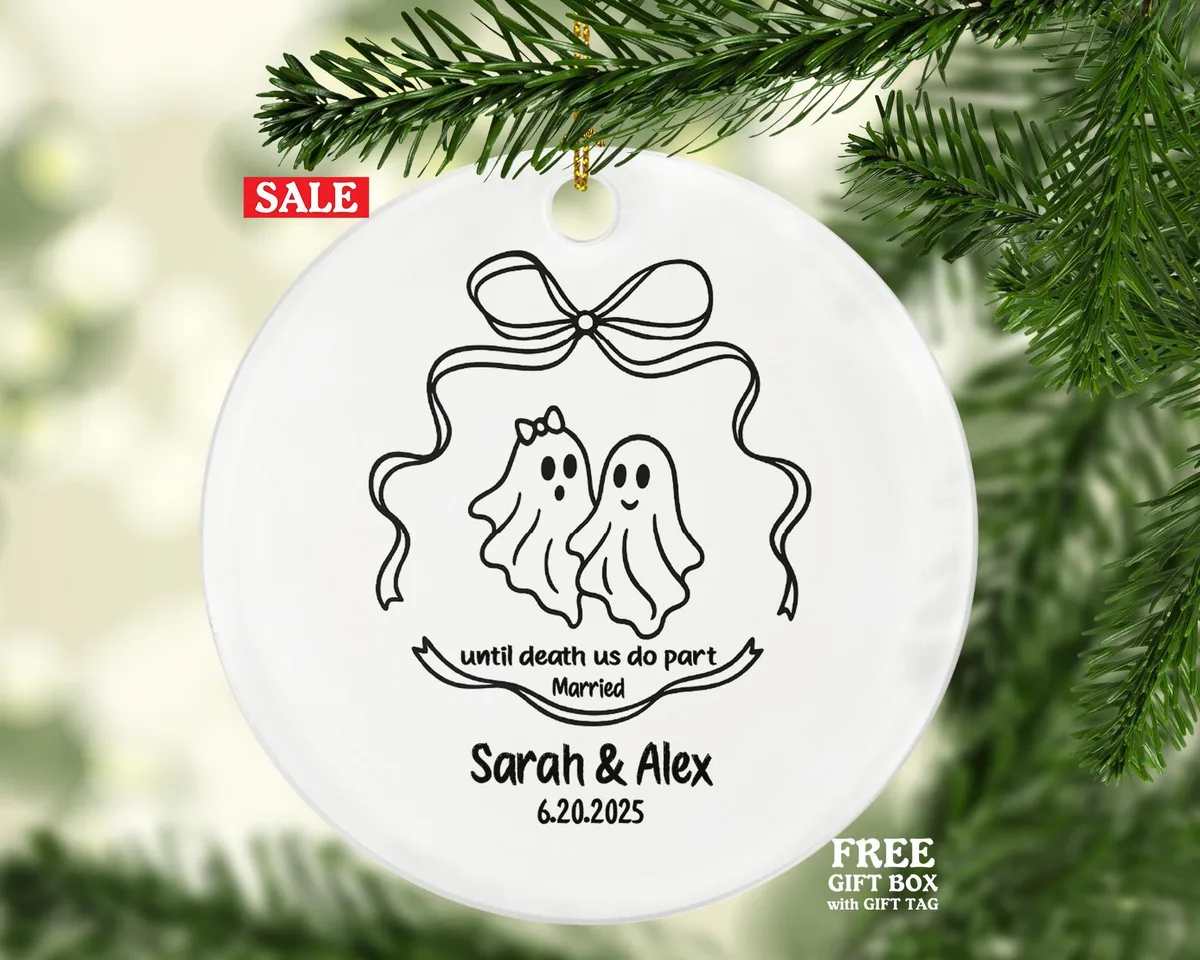 Minimalist Line Art Ghost Couple Wedding Ornament – "Until Death Us Do Part" Custom Married Keepsake Gift