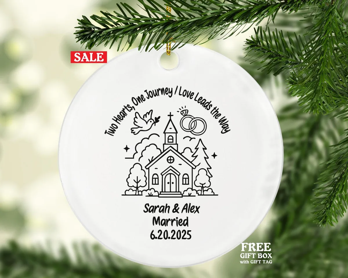 Minimalist Line Art Wedding Ornament – Personalized Married Couple Gift, Chapel Church Illustration, Custom Names & Date Keepsake