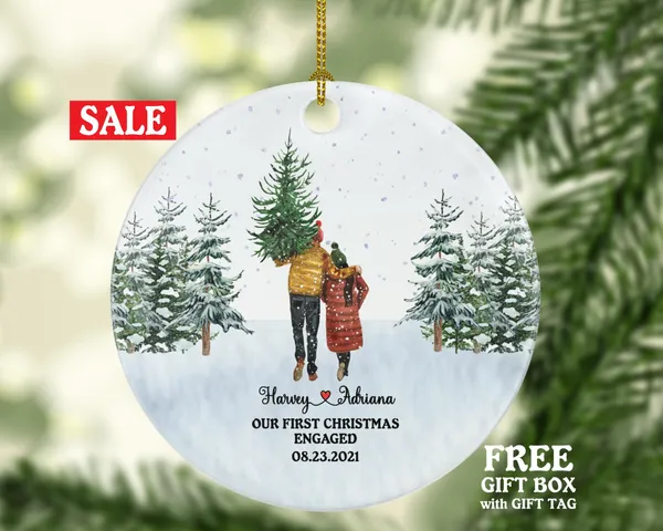 First Christmas Engaged Personalized Ornament - Engagement Announcement Couple Gift - Winter Couple in Snow