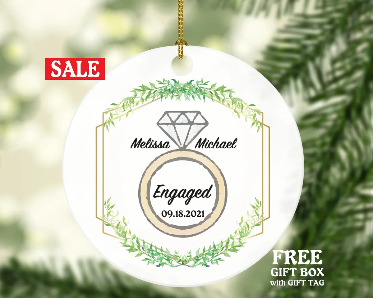 First Christmas Engaged Custom Ornament - Personalized Engagement Announcement Couple Gift - Custom Date Name - Diamond Engagement Ring