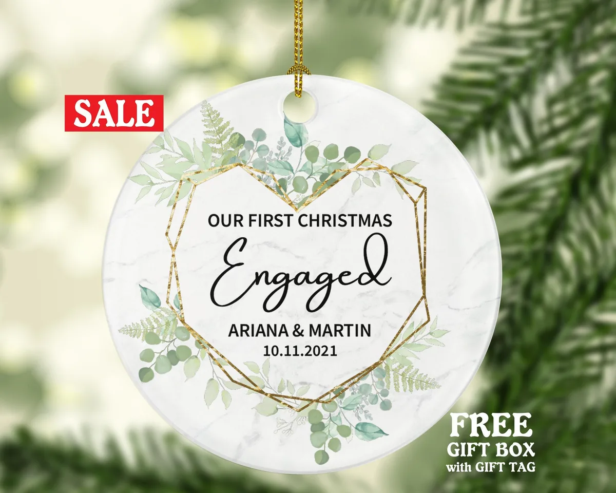 Our First Christmas Engaged Ornament - Personalized Engagement Announcement - Couple Gift - Custom Date and Name