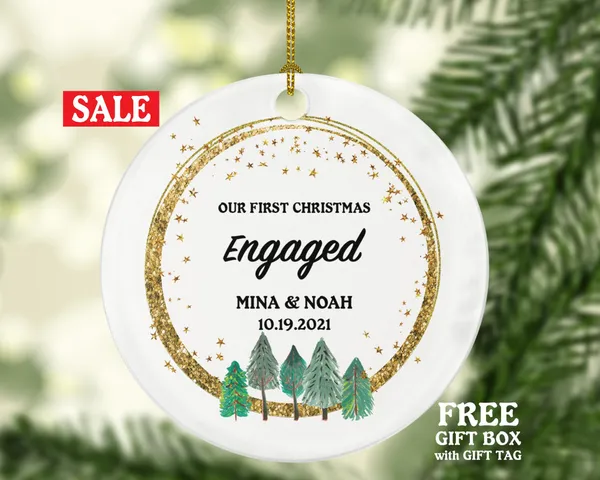 Our First Christmas Engaged Personalized Ornament - Engagement Announcement Couple Gift