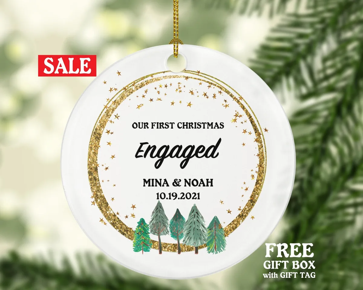 Our First Christmas Engaged Personalized Ornament - Engagement Announcement Couple Gift