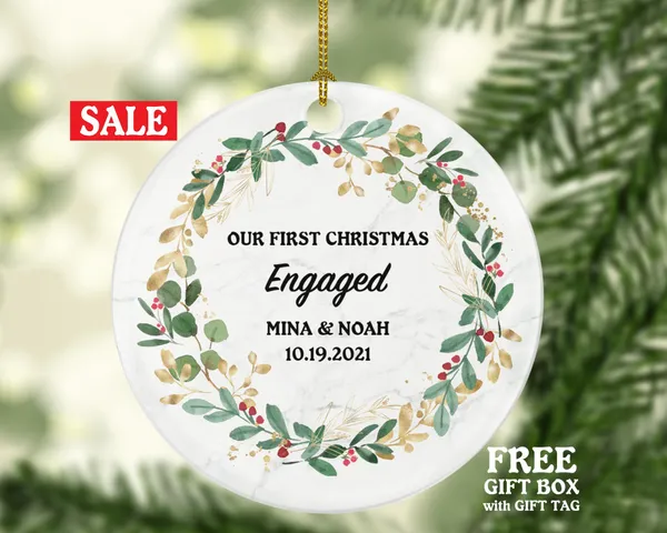 First Christmas Engaged Personalized Ornament - Engagement Announcement Couple Gift - Greenery Frame