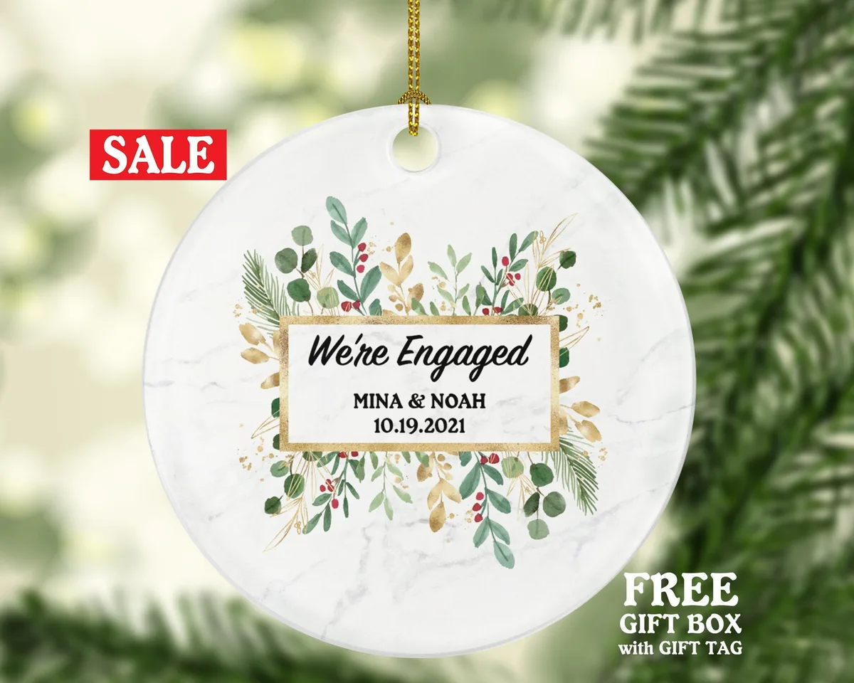 We're Engaged  Christmas Ornament Personalized - Engagement Announcement First Christmas Couple Gift - Greenery Frame