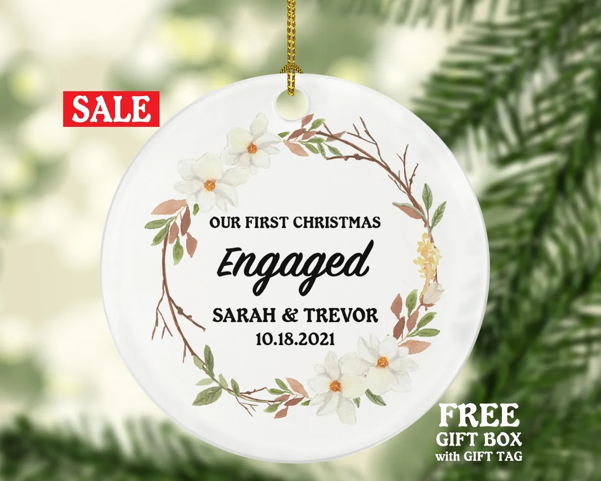 First Christmas Engaged Personalized Ornament - Engagement Announcement Couple Gift - Flowers