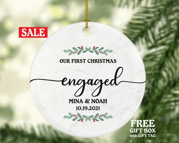 Our First Christmas Engaged Personalized Ornament - Engagement Announcement Couple Gift